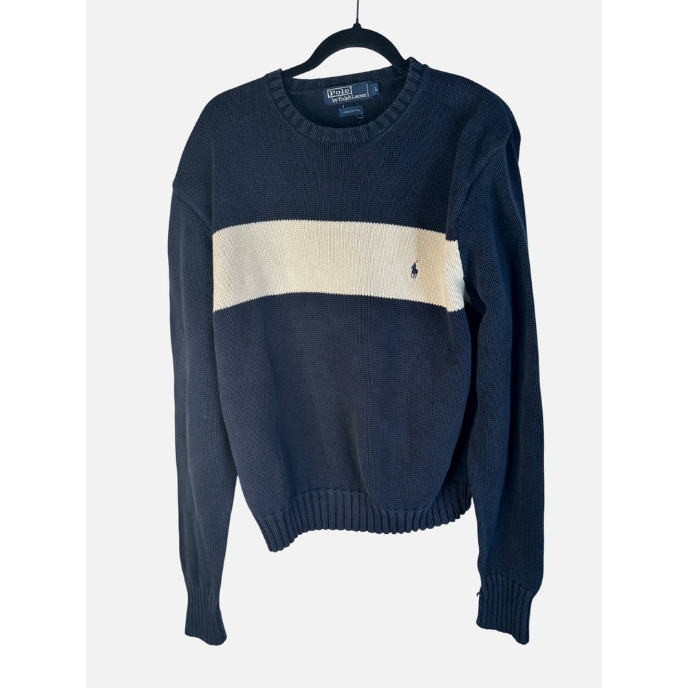 Polo Ralph Lauren Men's Navy Blue Stripe Cotton Knit Crewneck Sweater Size Large